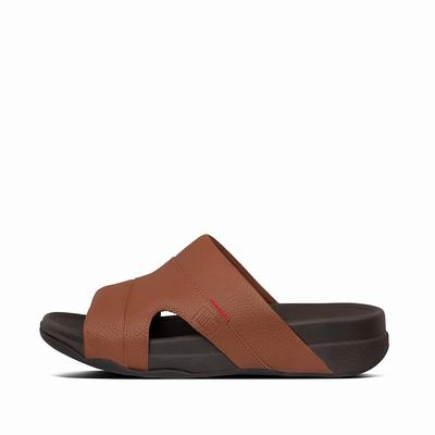 Fitflop Men's FREEWAY Leather Pool Slides Sandals - Dark Brown, KO9018273